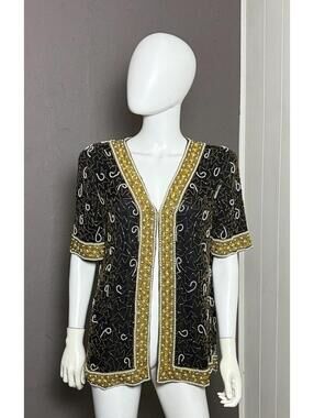 1980's Beaded Silk Jacket New With Tags Laurence Kazar L/XL Black + Gold + White